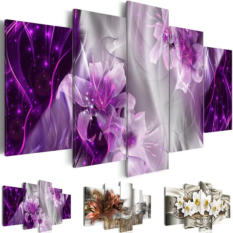 

Home Decor Prints Canvas Poster Frame 5 Pieces Abstract Lily Flowers Painting Wall Art Pictures Living Room Exquisite Background