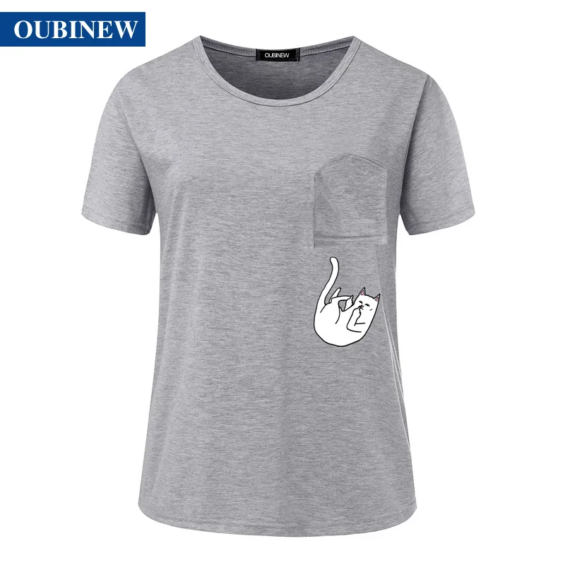 OUBINEW Harajuku t shirt women casual falling kawaii middle finger pocket catplus size pokemon cartoon NVTX30 | Женская одежда