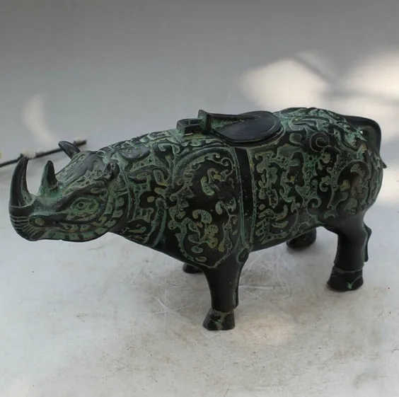 YM 309 старинная китайская ручная работа бронзовая резьба носорог ювелирные