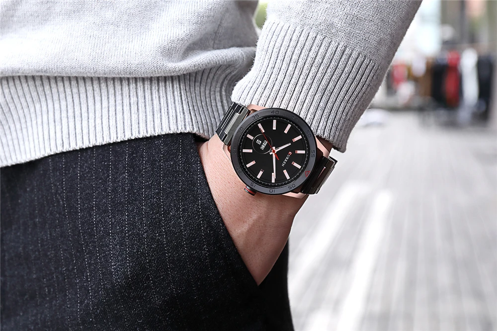 Часы CURREN Мужские черные повседневные стильные брендовые элегантные с розовыми