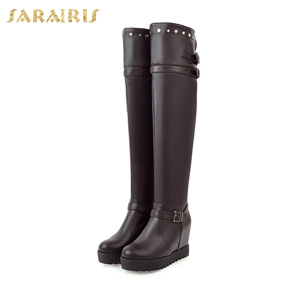 SARAIRIS/Большие размеры 34-43, платформа с пряжкой, клиновидный каблук, черные, белые сапоги до колена, женские осенне-зимние сапоги
