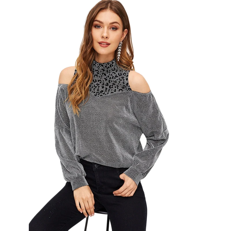 SHEIN Джемпер С Разрезами, Джемпер С Леопардовым Принтом И Открытыми Плечами