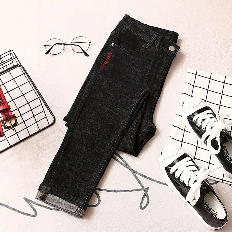 2018 женский черный Винтаж джинсы с Высокая Талия высокие эластичные Для женщин