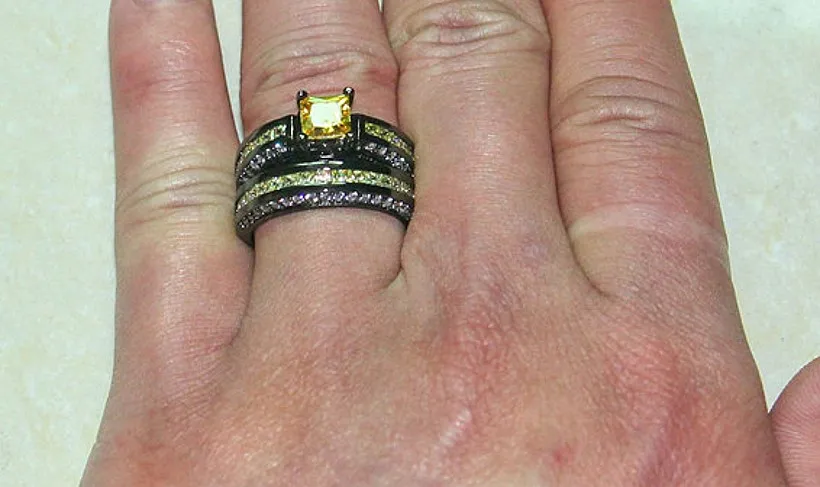 choucong Wedding jewelry Anniversary Rings finger Set for Women 2-in-1 Yellow Princess-cut 5a Zircon 10KT Black gold filled ring | Украшения
