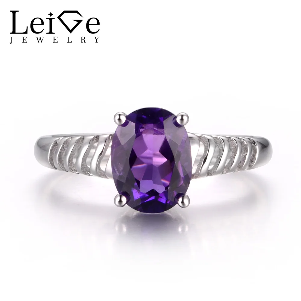 

LeiGe Jewelry Natural Purple Amethyst Anniversary Rings Oval Cut Gemstone February Birthstone 925 Sterling Silver Solitaire Ring