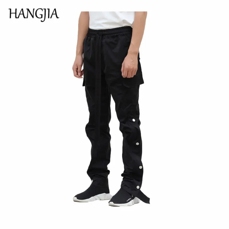 

Black Cargo Pants Men's Urban Hip Hop Streetwear Long Straps Joggers Oversized Buttons Split Sweat Pants European American