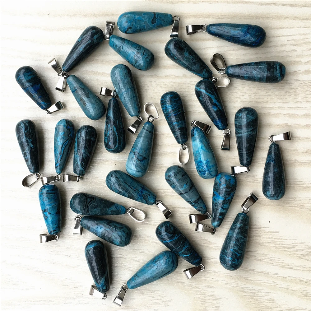 

2019 New Fashion Natural Stone Pendants Blue Crazy Agates Onyx Water Drop Charms Necklaces For Jewelry Making 50pcs Wholesale