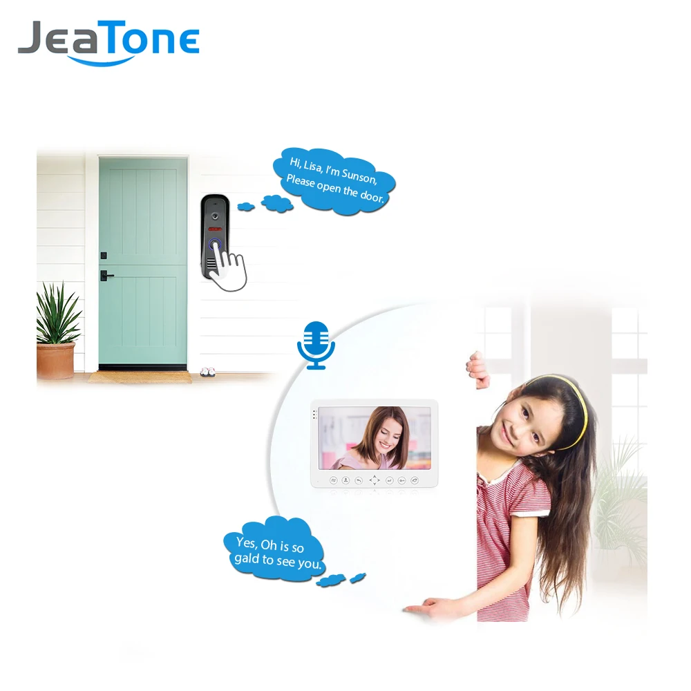 JeaTone 7 дюймов HD 1200TVL видео домофон система 1 ИК ночной дверной Звонок камера и 1 сенсорная кнопка Hands-free монитор домофон комплект