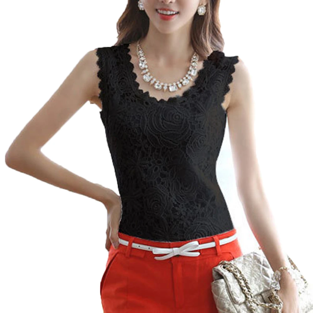 Женская летняя кружевная блузка с круглым вырезом белая рубашка без рукавов