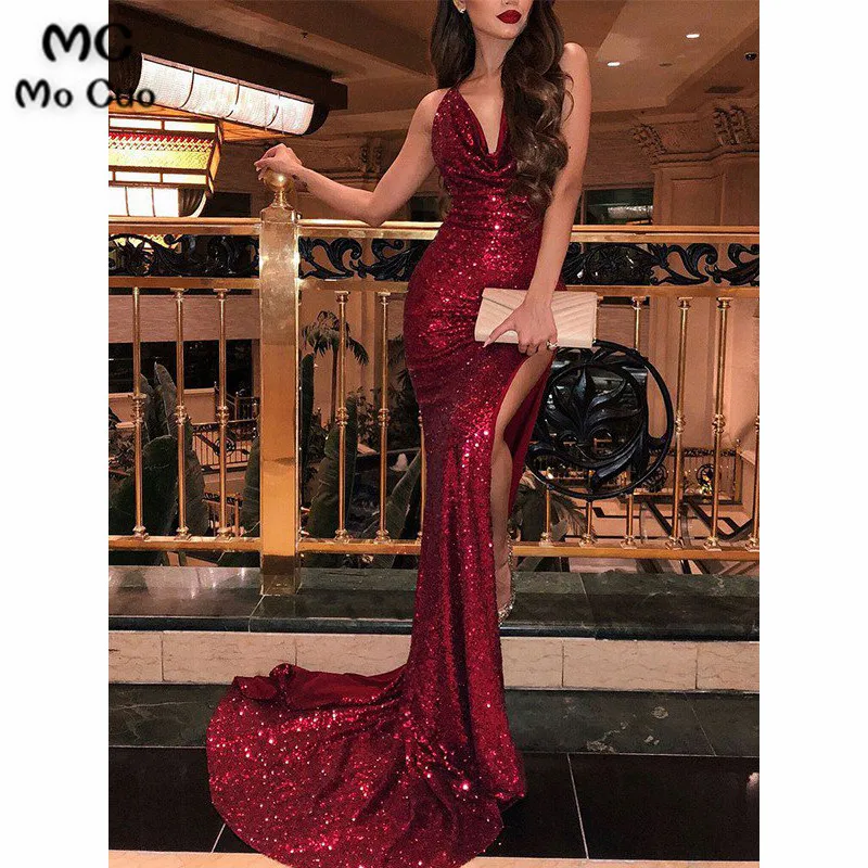 

2019 Burgundy Mermaid Sequined Evening Dresses Pageant Prom Dress Side Slit Cocktail Party Gown Women Evening Dresses