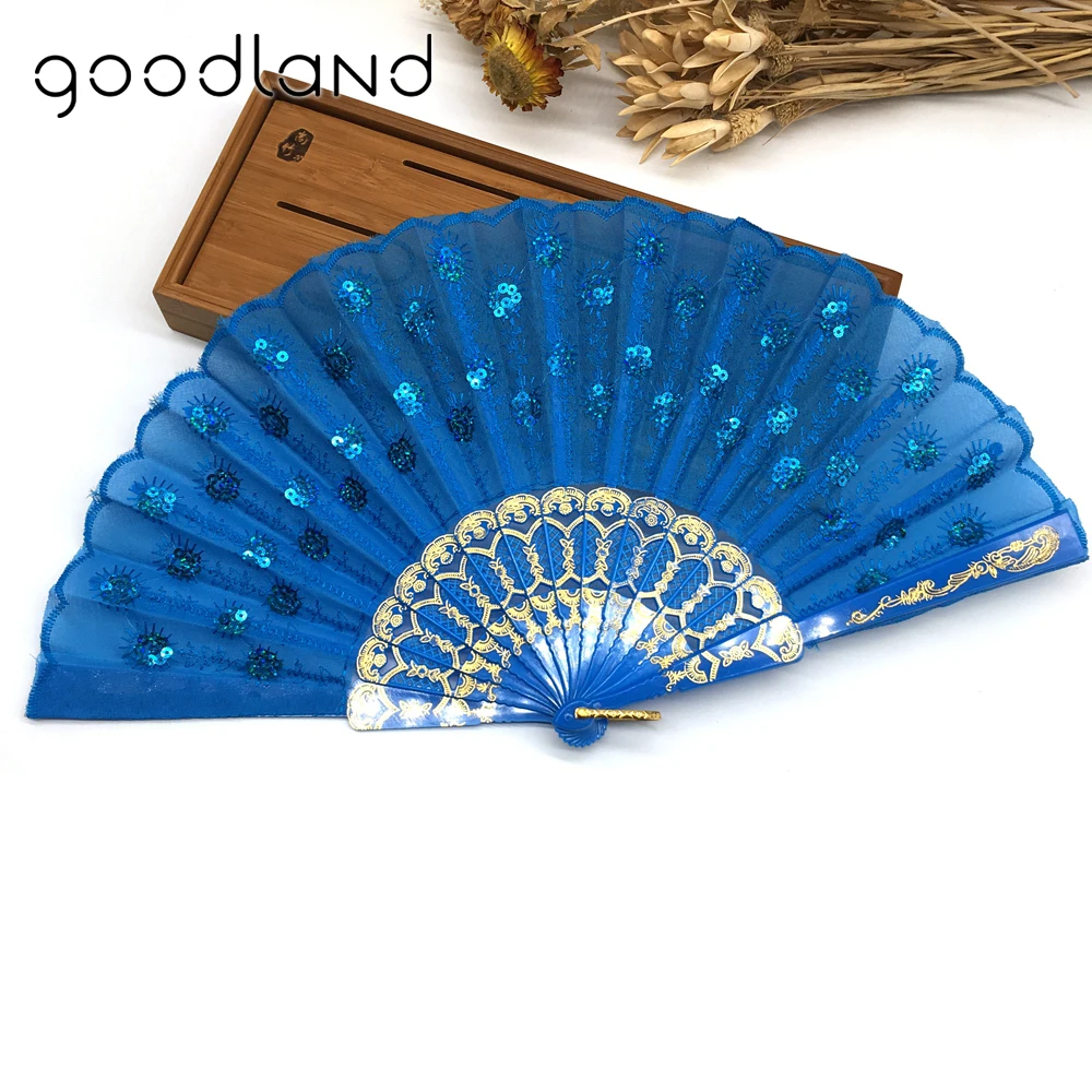 

Wholesale Free shipping,Hot selling 100 pcs/lot Lace Sequins Peacock Folding Women Girl Dancing Fan Dancing Props