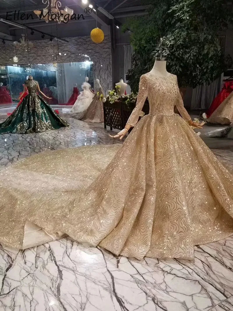 Luxury Glitter Vintage Gold Wedding Dresses Long Sleeves 2019 Sheer Boat Neck Sequins Beads Ball Gown Arabic Bride Gowns | Свадьбы и