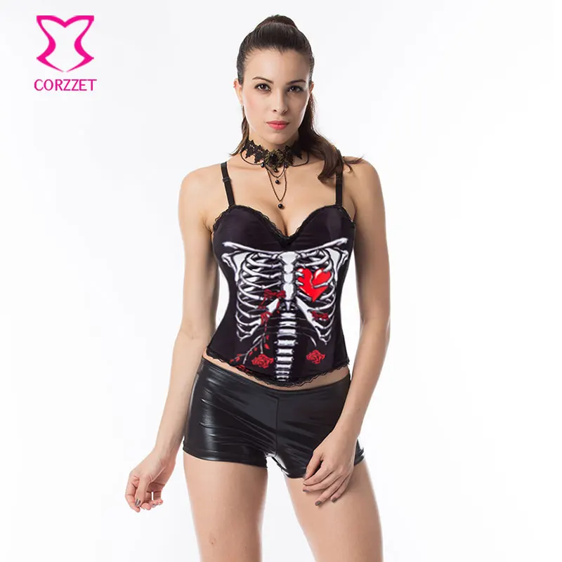 

White Skeleton & Red Heart Print Strap Push Up Corset Bustier Sexy Lingerie Steampunk Corsets Plus Size Women Gothic Clothing