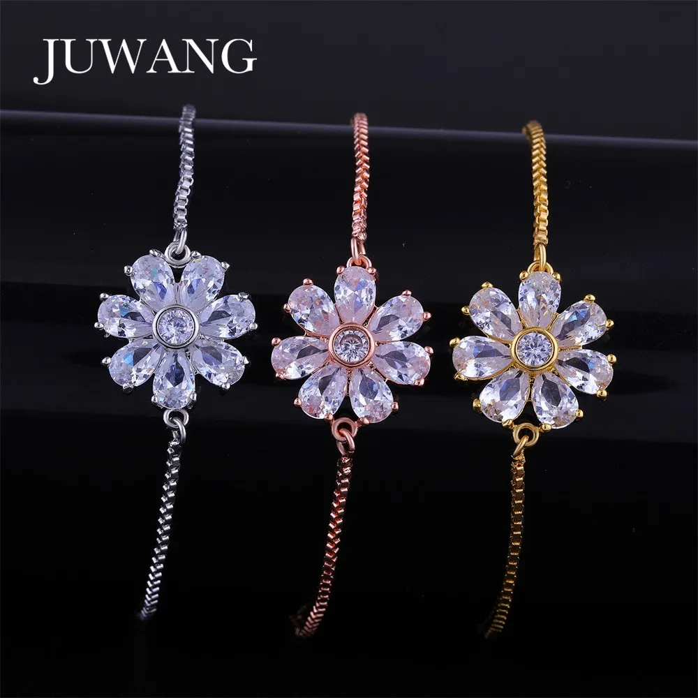 

JUWANG Cute Clear Crystal Flower Charms Bracelets for Women Girl Gold Color Chain Bracelet Fashion Jewelry Gift