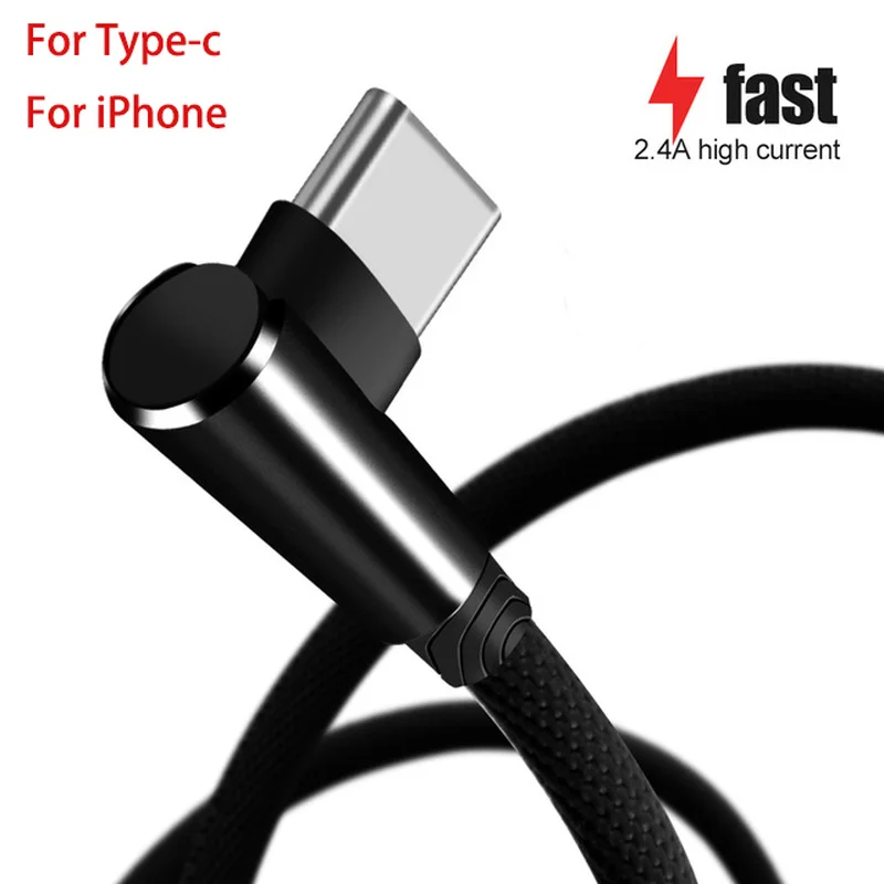 90 градусов Тип usb C кабель локоть Нейлон Плетеный 1 м Быстрая зарядка для iPhone Samung s8