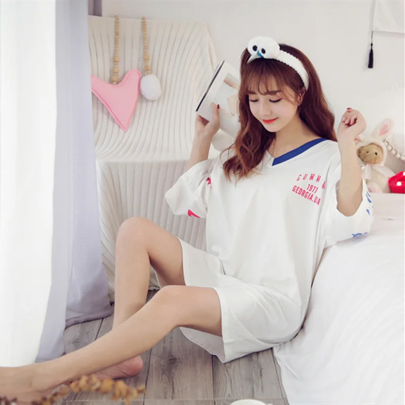 nightgown women Летняя женская ночная рубашка из хлопка с коротким рукавом, Женская хлопковая сексуальная ночная рубашка, домашняя ночная рубашка, сексуальная ночная рубашка большого размера, M-XXL для сна - Цвет: nightgown women