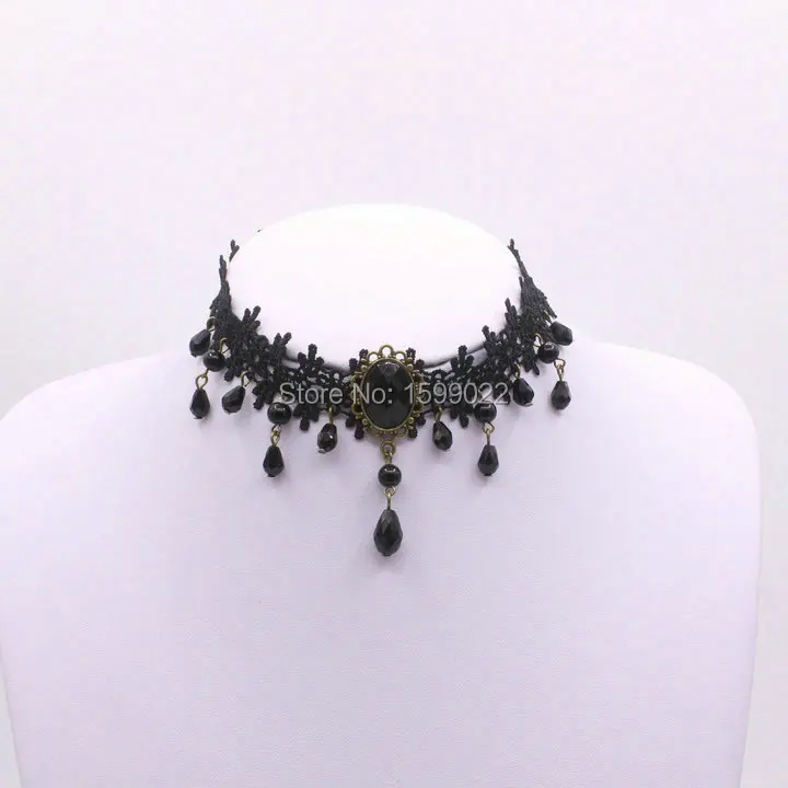 Woman Lace Statement Choker Necklace Vintage Beaded Water Drop Pendants Jewerly Black False Collar Costume Accessories | Украшения и