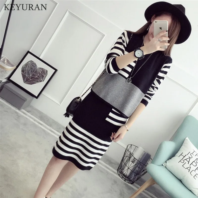 Plus Size XL-4XL New Women Striped Knitwear Suits O-neck Long Sleeve Knitted Crop Tops + Tight Hip Bodycon Skirt Knitting Sets | Женская
