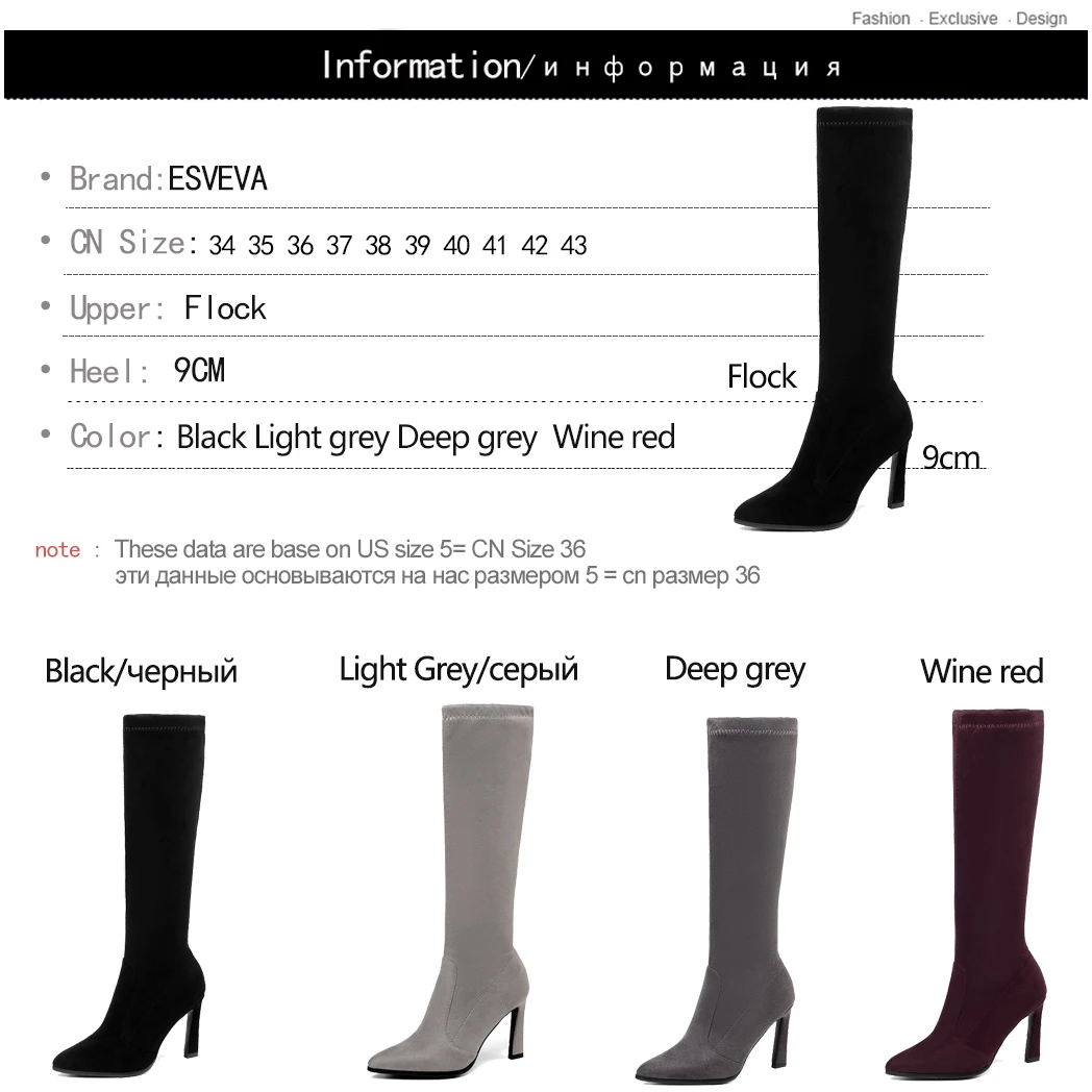 

ESVEVA 2020 Knee High Boots Autumn Warm Women Boots Lady Stretch Fabric Fashion Motorcycle Boots Slip On Black Big Size 34-43