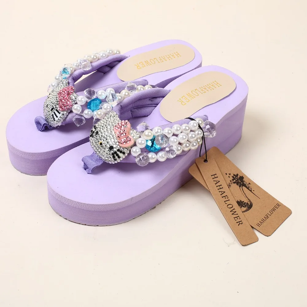 Женские Вьетнамки с кристаллами kitty блестящие пляжные шлепанцы на танкетке