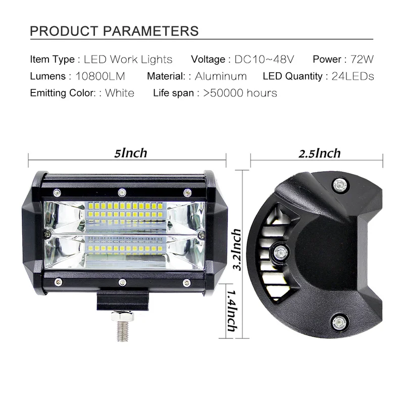 72 Вт светодиодный рабочий свет бар 10800LM 12V 24V 5 дюймов супер яркий 24 LED прожектор