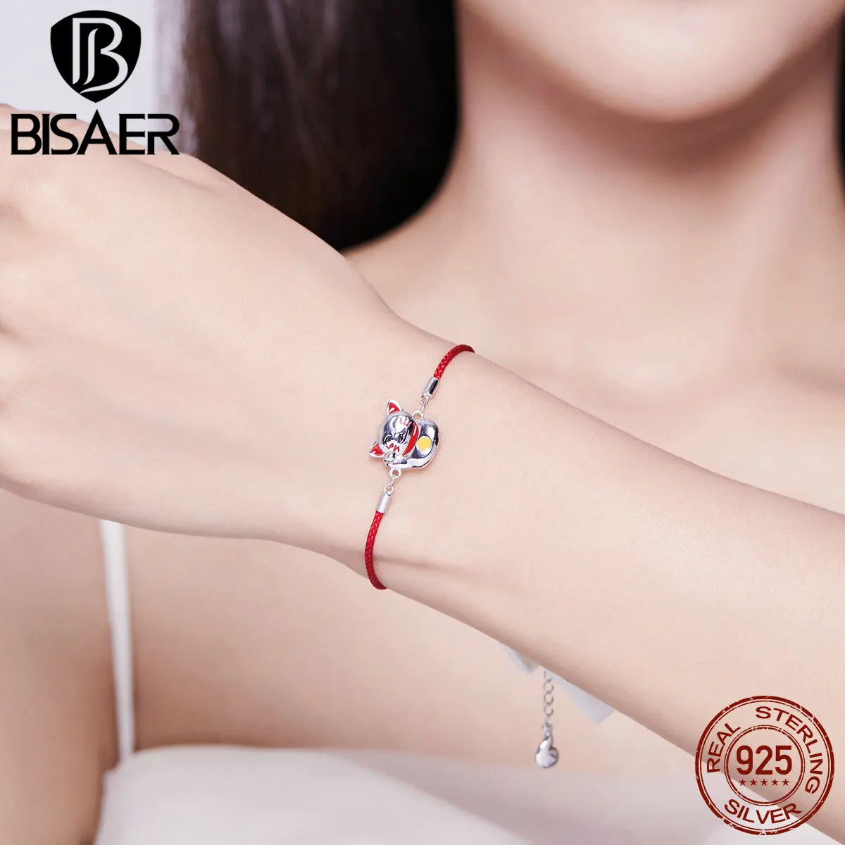 Браслет bisaer, 925 пробы, серебро, красная веревка, животное, кошка, Maneki Neko, ювелирное изделие для женщин, подарок, Стерлинговое Серебро, высокое качество, HVB012