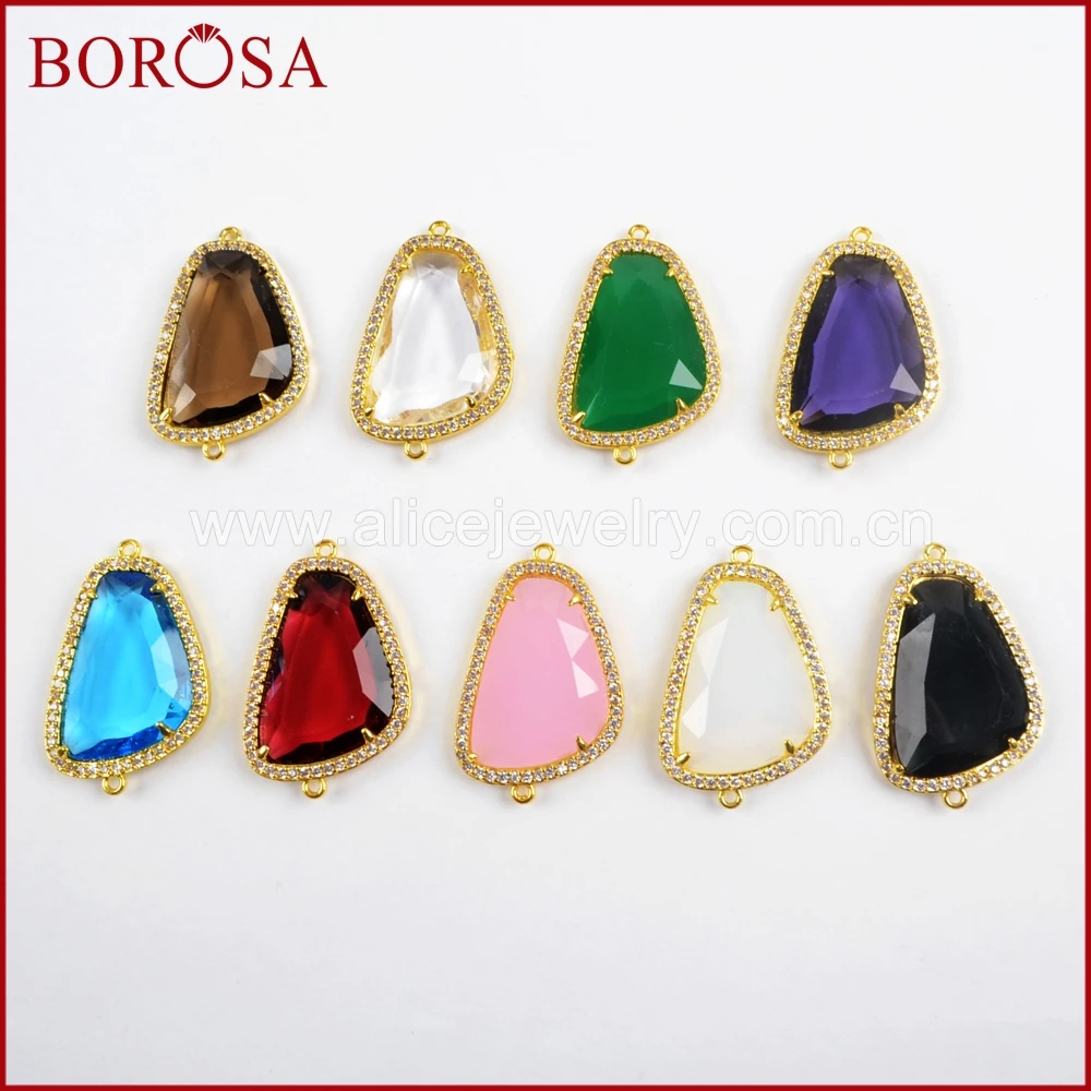 

BOROSA Gold Color 10PCS Drusy Micro Pave CZ Rhinestone Faceted Stone Connectors Double Charm for Bracelet Jewelry Making WX925