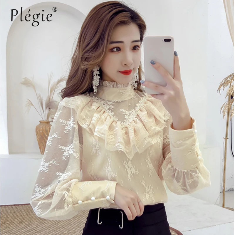 

Plegie 2019 Spring New Arrival Lace Top Fashion Ruffles Design Women Long Sleeve Shirt Floral Elegant Tunic Tops Mesh Blusas