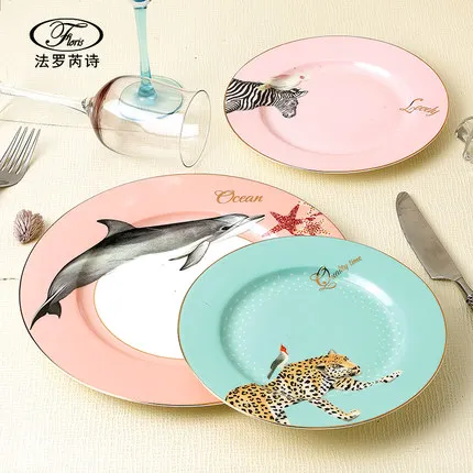 

Ceramic Animal Round Dessert plate Dishes Bone China Salad Fruit cake Plate Home Dinnerware Decoration Free Shipping