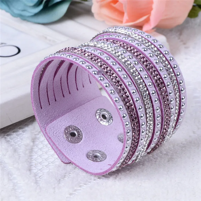 light purple Кожаные браслеты ручной работы для женщин с заклепками и кристаллами, Круглый широкий мужской женский браслет, Новое поступление, ювелирные изделия в подарок - Окраска металла: light purple