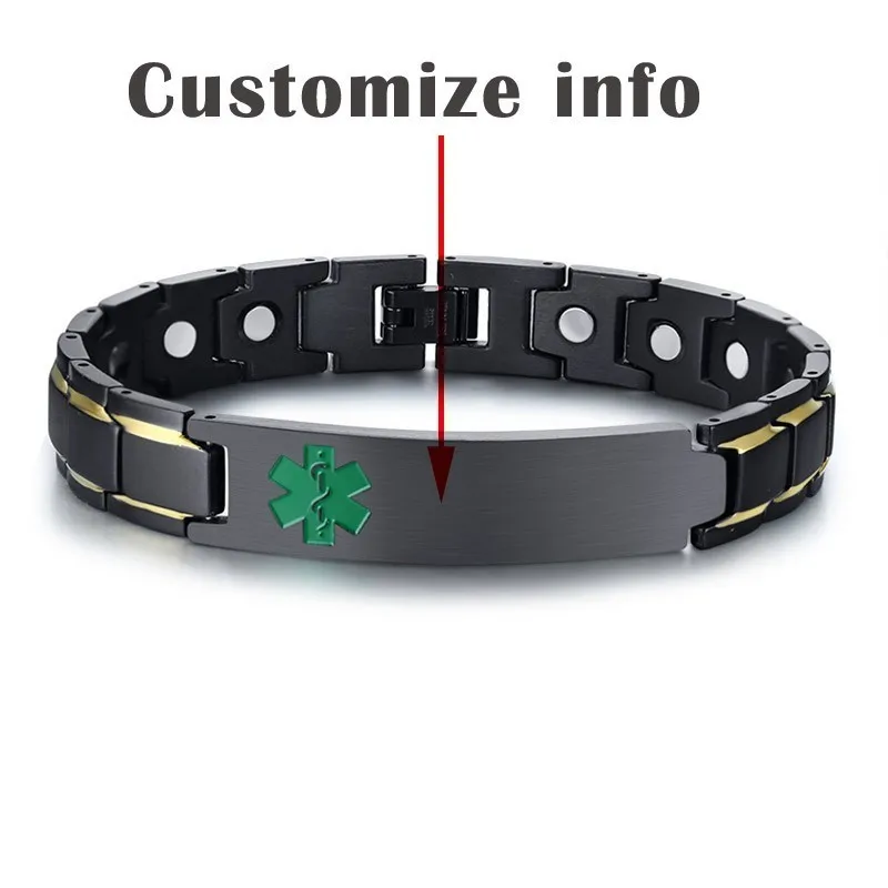 Customize Info Медицинский Браслет для диабета 1 типа, ID браслеты для мужчин, гравировка, магнитная терапия, браслет, облегчение боли при артрите - Окраска металла: Customize Info