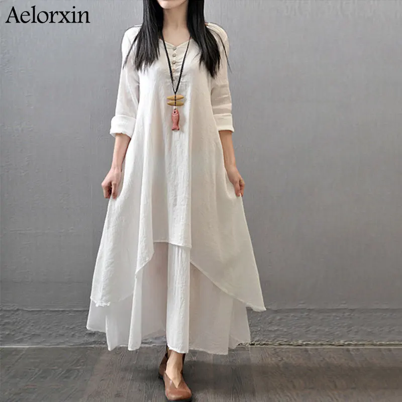 Женское платье макси из хлопка и льна асимметричное двух частей с длинным