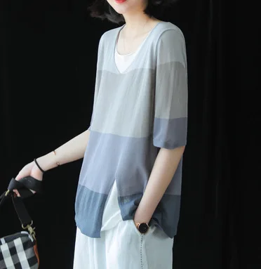 Summer 2019 Korean Fashion Women Tops Half Sleeve Ice Silk Blouse Clothes WorkWear Office Fake Two-Piece Shirt |