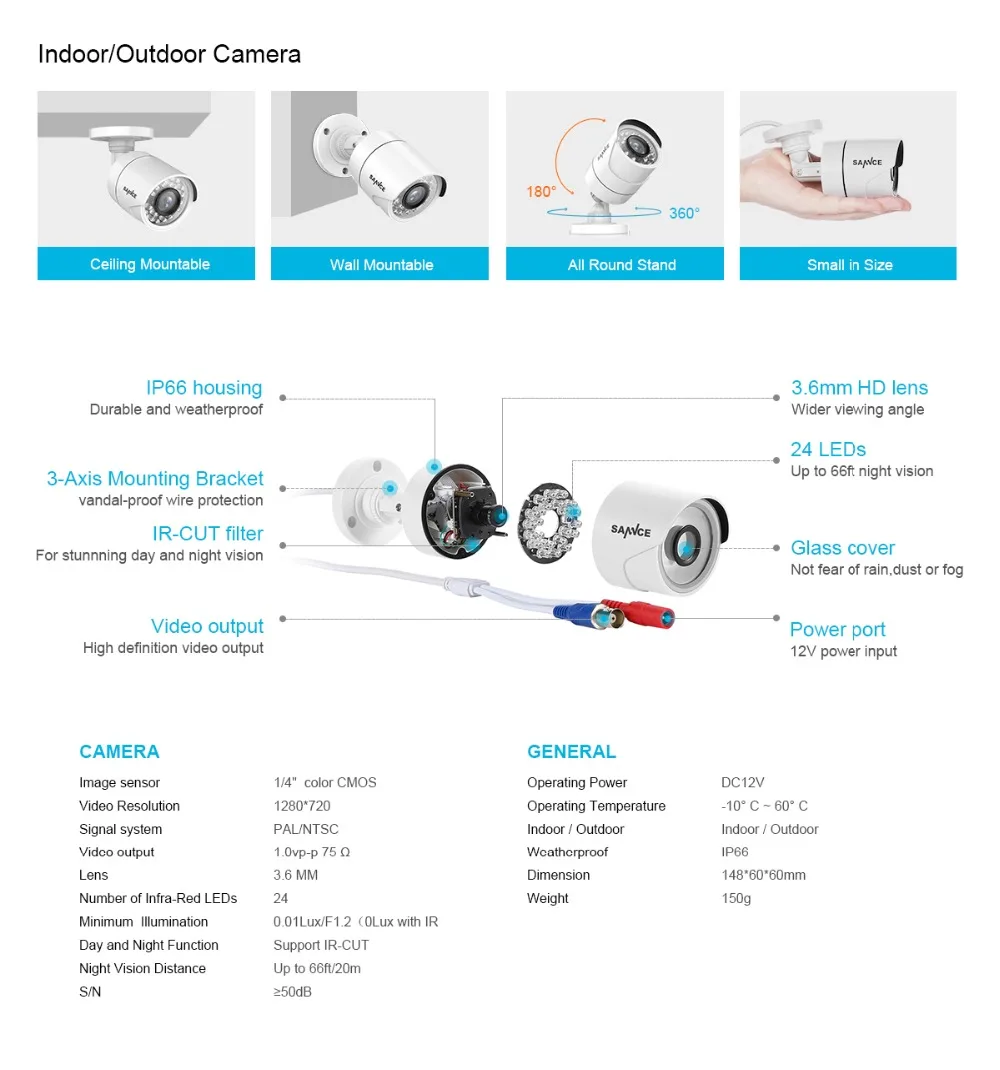 SANNCE 4CH 720P CCTV система 1080N HDMI CCTV DVR 1500TVL 1.0MP наружная система камер домашней безопасности комплект видеонаблюдения