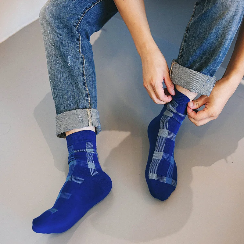 1Pair/lot Fashion Gird Cotton Socks For Men Blue Black Casual Classic Business Mujer Winter Soft Calcetine | Мужская одежда
