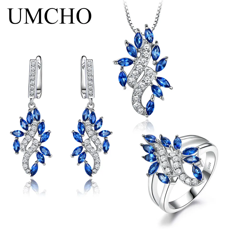 sapphire UMCHO 925 пробы, Серебряный набор украшений для женщин, синее сапфировое кольцо из драгоценных камней, подвеска, серьги, Помолвочные ювелирные изделия - Цвет камня: sapphire
