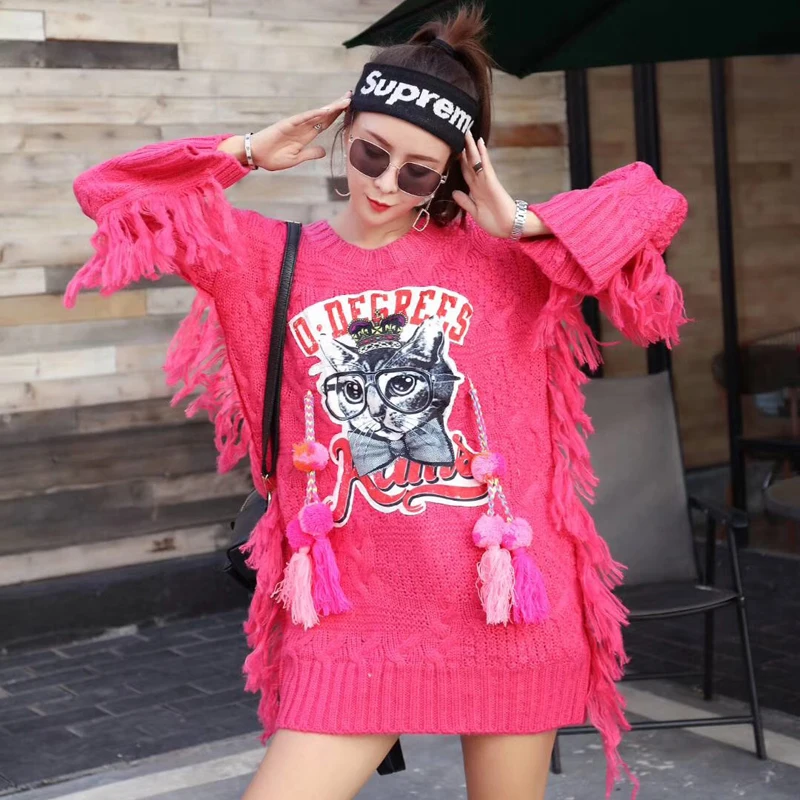 Lazy wind tassel sweater female loose European station 2018 autumn new cartoon sequins pullover tide card | Женская одежда