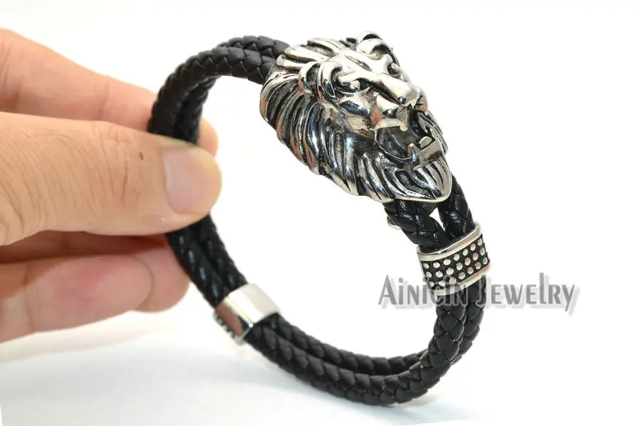 Stainless Steel British Royal Lion Head Double Row Genuine Leather Bracelets Powerful Fashion Men's Bangle Gift 5pcs/lot | Украшения и