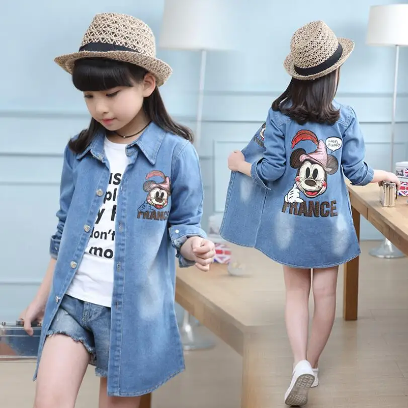 Spring Clothing Jeans Coat for Girls Denim Jackets Cartoon Children Outerwear Kid Active Autumn Clothes Teenager Long Trench Top | Детская