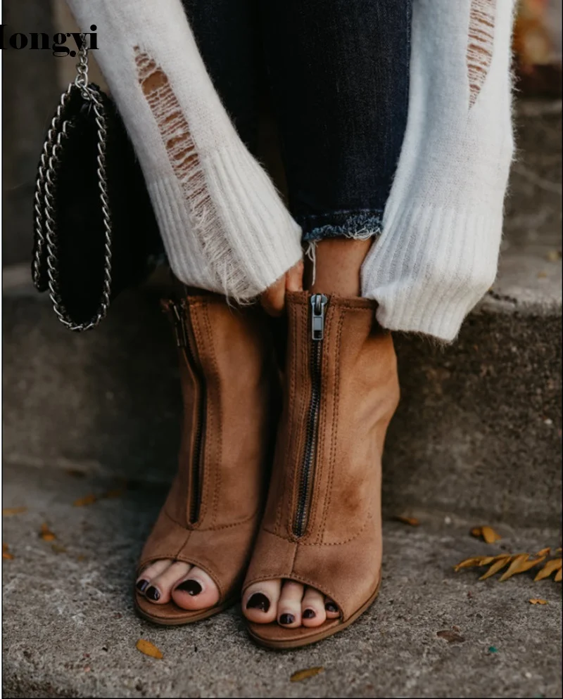 

Female Fashion Plus Size Flock Open Toe Summer Boots Ankle Boot High Heels Shoes Front Zipper Apricot Black Heel Women Pumps