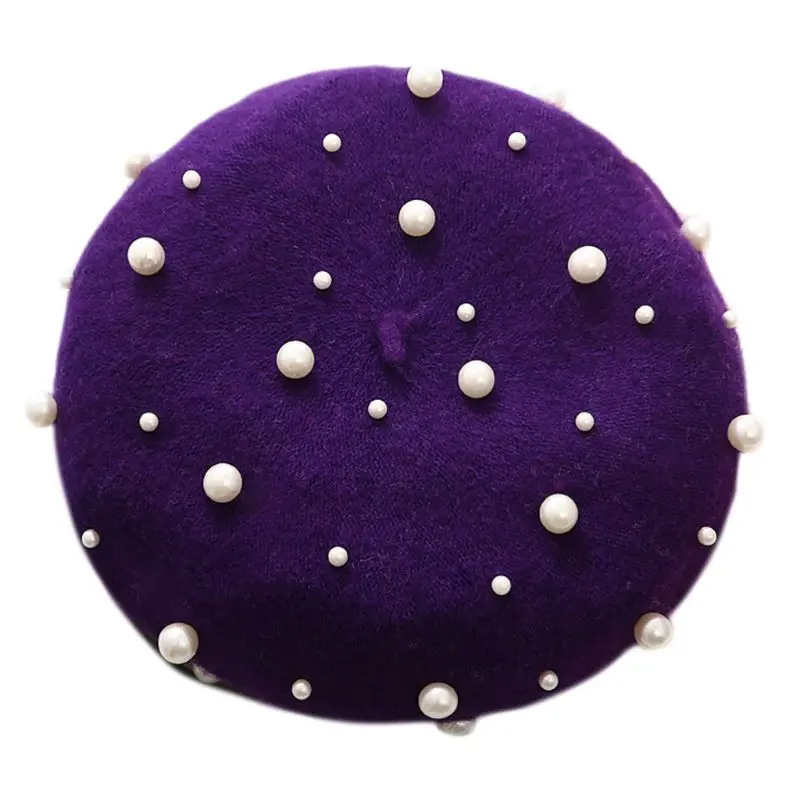 B Purple Женский роскошный элегантный Зимний берет из пашмины, шапка с искусственным жемчугом, заклепками, украшение, звездное небо, эластичная Ретро шапка, одноцветная шапка - Цвет: B Purple