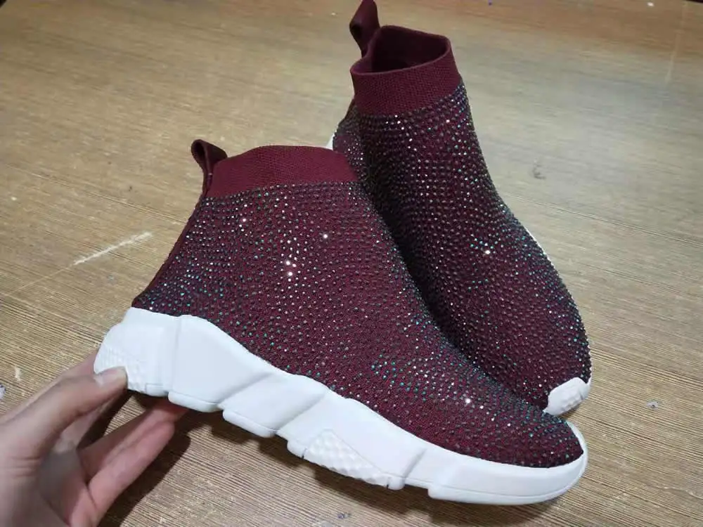 Wine red Женские кроссовки со стразами; спортивные ботинки; блестящие стразы; вязаная дышащая обувь; Женская Роскошная Повседневная обувь; женские кроссовки - Цвет: Wine red