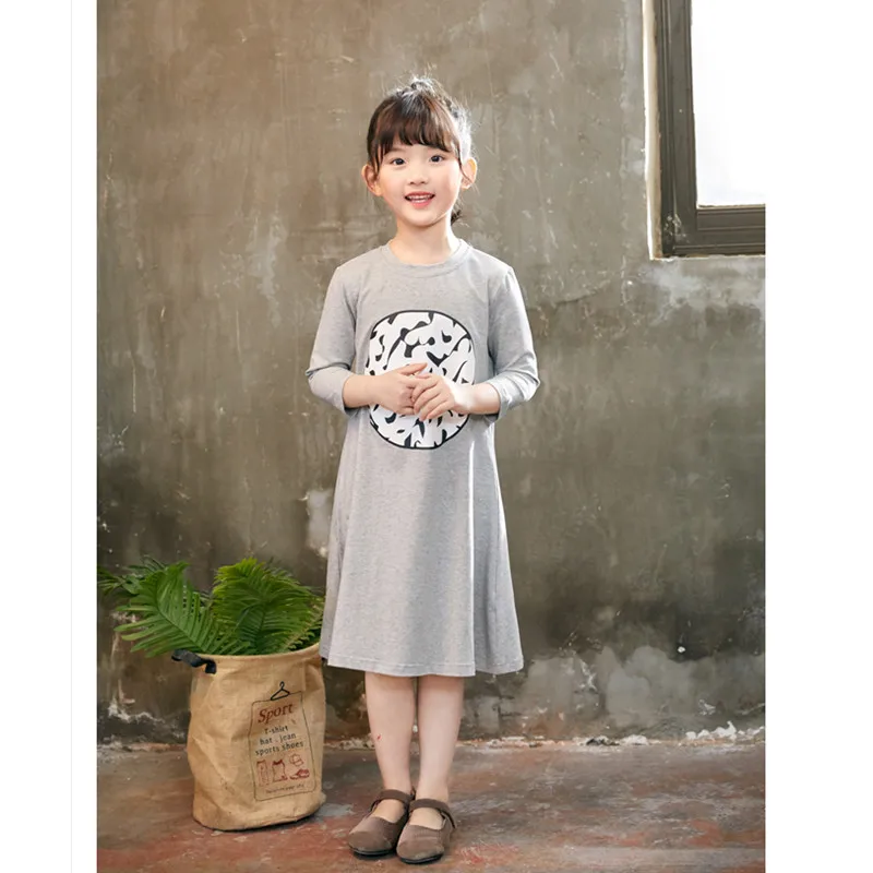 3 to 12 years kids &amp teenager girls half-sleeve geometric print cotton casual fall summer flare tee dress black gray dresses | Детская