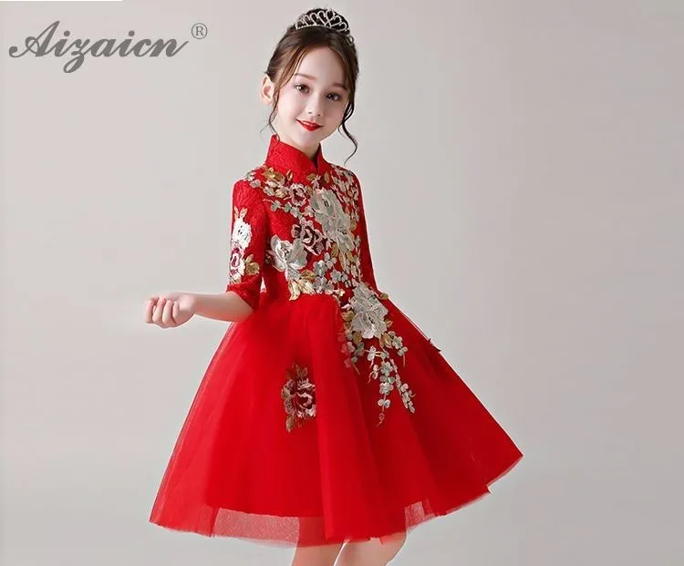 Детская одежда Cheongsam детское платье кружевное платье Ципао красного цвета принцесс вечерние платья с вышивкой в китайском одежда на год Qi Pao