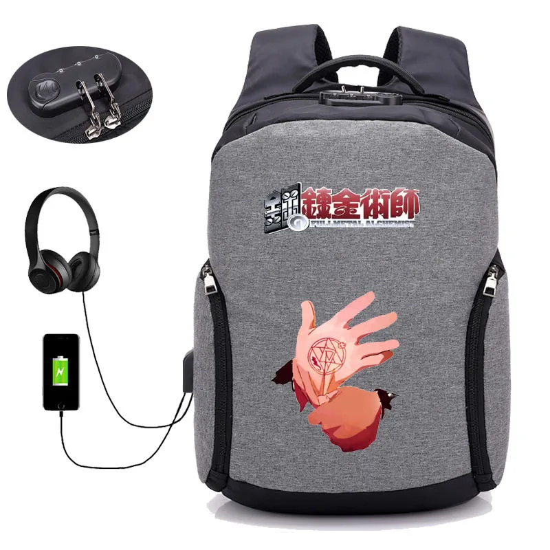 Аниме Стальной алхимический рюкзак USBUSB внешним отверстием дорожные сумки Для