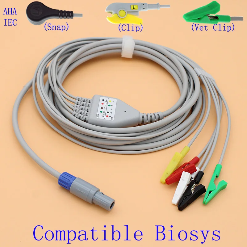Redel 6 контактный ЭКГ EKG 5 проводной кабель и электрод leadwire для Biosys BPM 103 AHA/IEC Snap/Clip/Vet