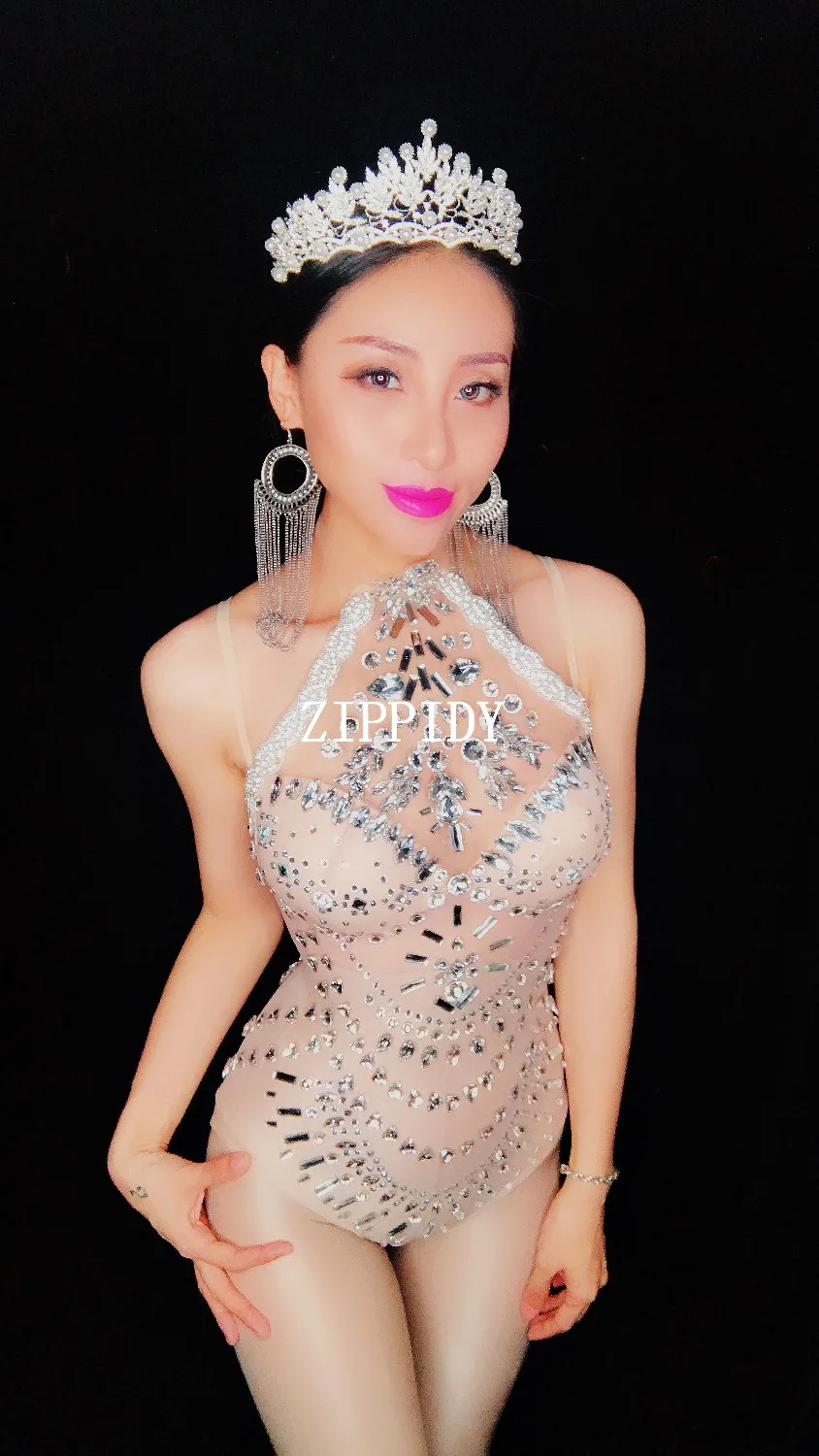 Silver Sparkly Rhinestones Mesh Leotard Glass Stones Perspective Bodysuit Performance Celebrate Dance Costume Clothing | Тематическая