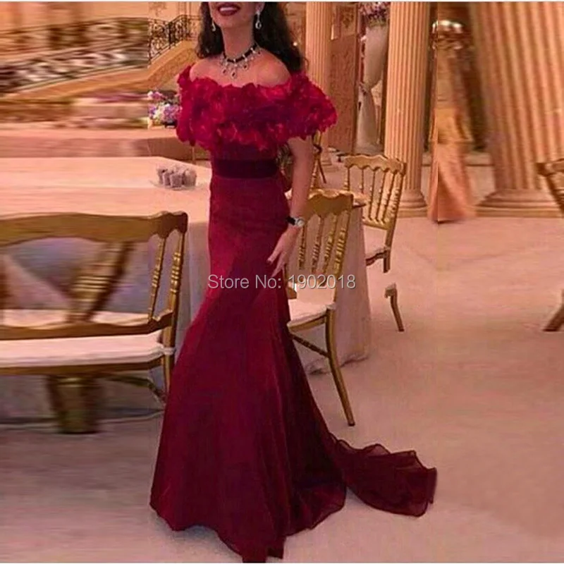 Арабский бургундия пром платья 2016 с рюшами рукава русалка вечернее платье off the