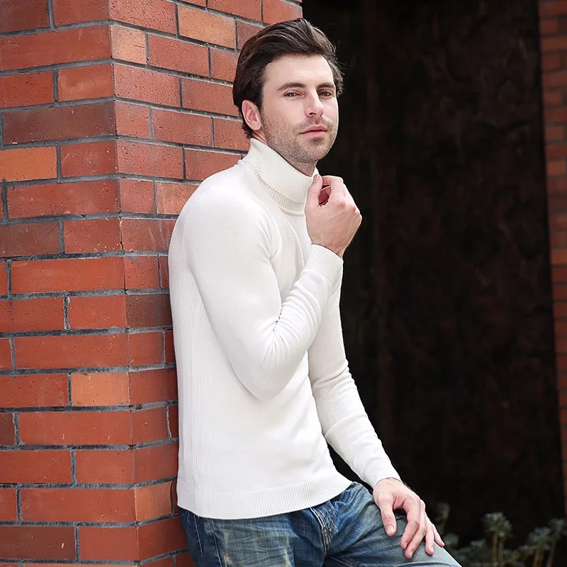 Белый brand Autumn New Men's Turtleneck Sweaters Male Black white Sexy Slim Fit Knitted Pullovers Solid Casual Sweaters Knitwear - Цвет: Белый