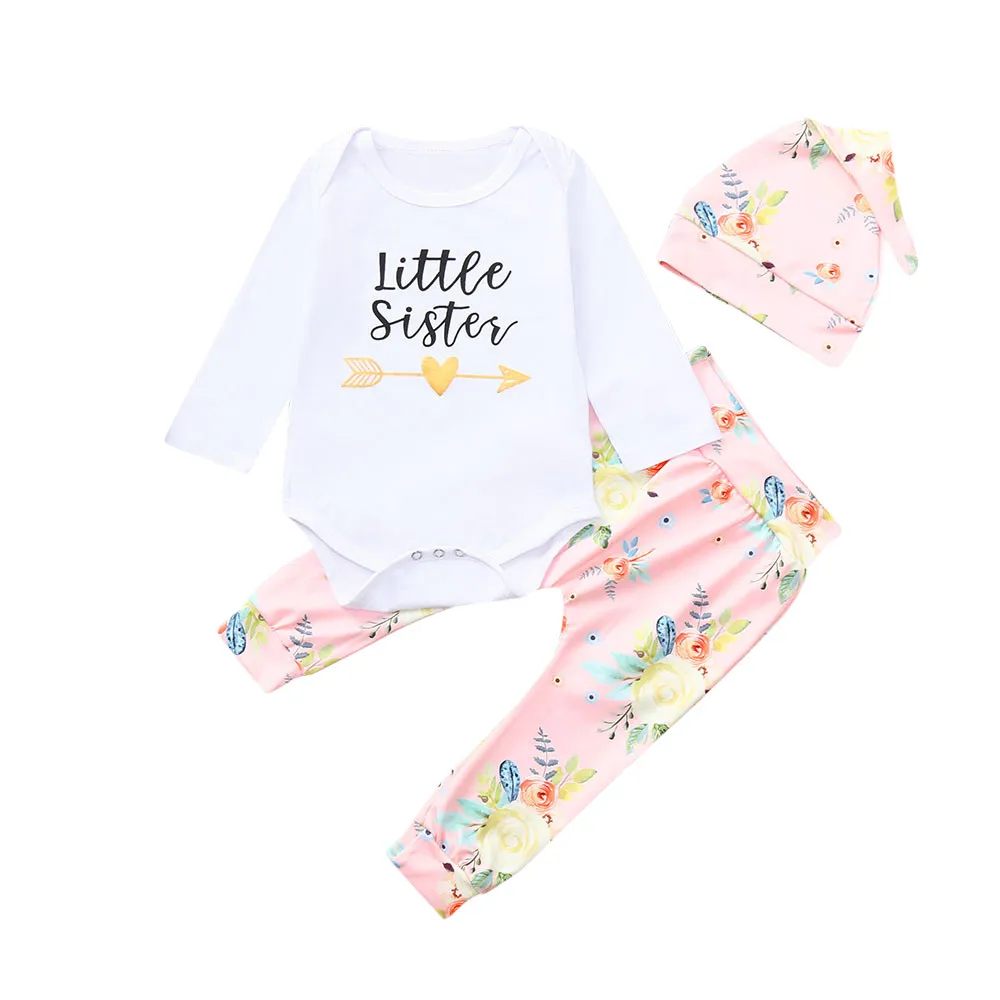 Fashion Newborn Infant Baby Girl Letter Romper Cotton O-Neck Tops Floral Pants Hat Outfits Set Clothes | Детская одежда и обувь